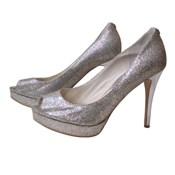 Michael Kors Silver Metallic Glitter Mesh Platform High Heels Y2K 9M - Picture 1 of 6